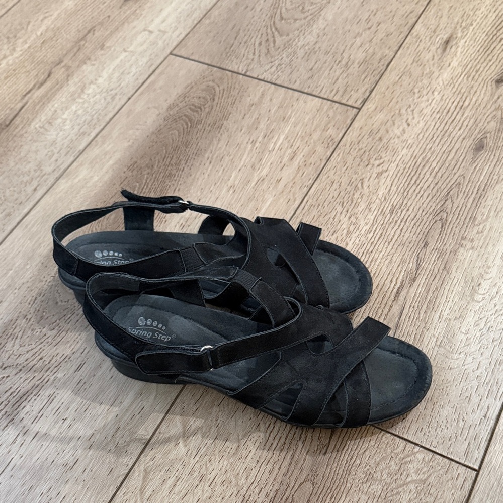 Spring Step Black Strappy Slingback Wedge Sandals